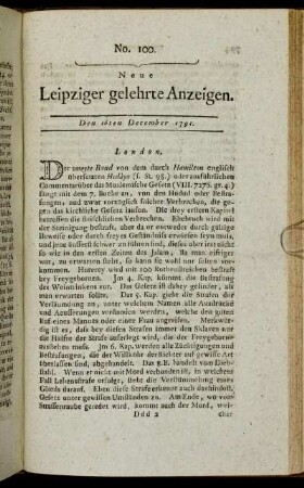 No. 100. Den 16ten December 1791.