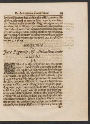 Membrum V. De Iure Pignoris, & Actionibus inde oriundis.