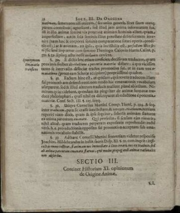 Sectio III. Continet Historiam XI. opinionum de Origine Animæ.