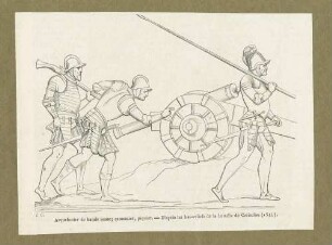 Schweizer Musketier, Kanonier ein Geschütz positionierend und Pikenier mit geschulterter Lanze, jeweils in leichten Rüstungen bei der Schlacht von Cerisolles 1544, Seitenansicht
