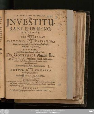 Disputatio Feudalis De Investitura Et Eius Renovatione