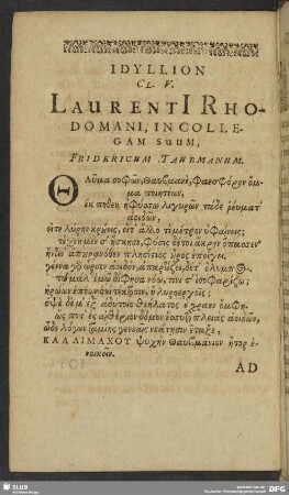 Idyllion CL. V. Laurenti[i] Rhodomani, In Collegam Suum, Fridericum Taubmanum