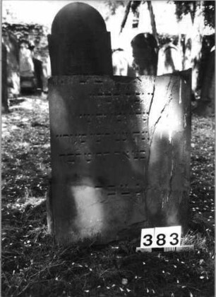 Grabstein 383 (Index: 99629884) Material: Sandstein Zustand: rechts abgeblätt/Textverl/oben abgebroch Maße HxBxT: 75x57x5 cm Beschreibung: Stele: Grabstein 383