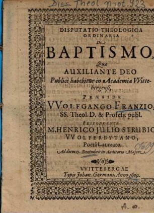Disputatio Theologica Ordinaria De Baptismo