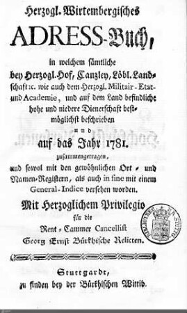 1781: Württembergisches Adressbuch, 1781