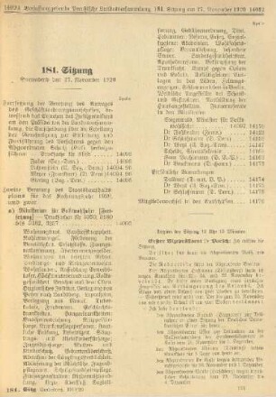 181. Sitzung. Sonnabend den 27. November 1920
