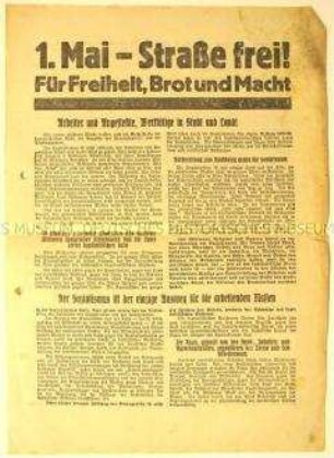 Programmatischer Aufruf der Kommunistischen Partei Deutschlands zu Massenstreik und Demonstration am 1. Mai sowie Beitrittsaufruf zu KPD und Gewerkschaften