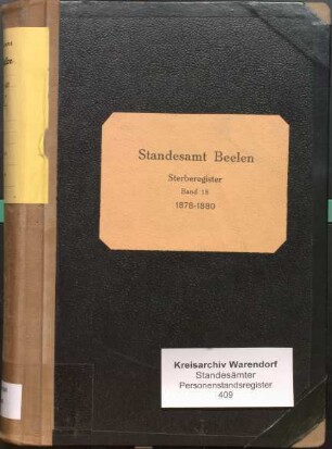 Sterberegister des Standesamtes Beelen von 1878 (Urkunden-Nr. 1-125), von 1879 (Urkunden-Nr. 1-115) und von 1880 (Urkunden-Nr. 1-137)