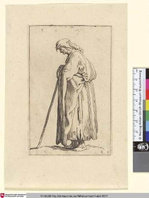 [An old Peasant Woman; Alte Bäuerin im Profil nach links, auf einen Stab gestützt]