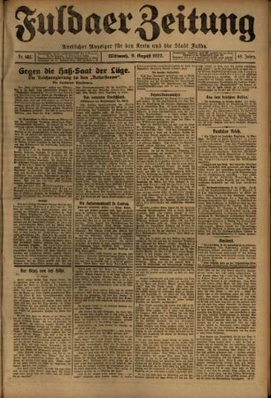 Ausgabe vom Mittwoch, den 09. August 1922.