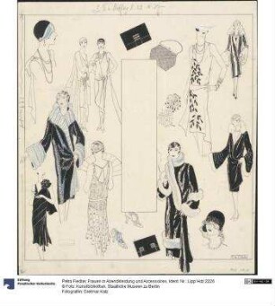 Frauen in Abendkleidung und Accessoires