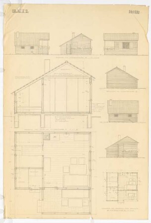 Forstdienstgehöfte, Kruppamühle: Ansichten M 1:50, Schnitt, Grundriss M 1:20