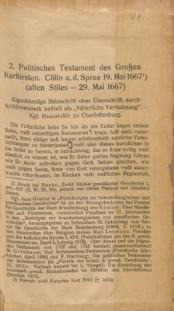 2. Politisches Testament des Großen Kurfürsten. Cölln a. d. Spree) (alten Stiles =29. Mai 1667)