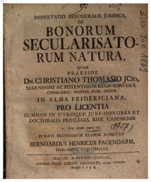 Dissertatio Inauguralis Juridica [Iuridica], De Bonorum Secularisatorum Natura