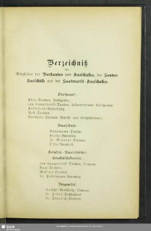 Verzeichniß der Mitglieder des Vorstandes und Ausschusses, der Sonder-Ausschüsse und des Saatmarkt-Ausschusses