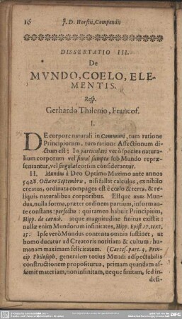 Dissertatio III. De Mundo, Coelo, Elementis