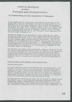 Aufruf zur Beteiligung an einer Kampagne gegen Kinderprostitution im Zusammenhang mit dem Sextourismus in Südostasien.
