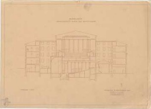 Littmann, Max; Athen (Griechenland); Konservatorium mit großem Konzertsaal und Amphitheater (Odeon) - Querschnitt m. Längenschnitt durch Amphitheater