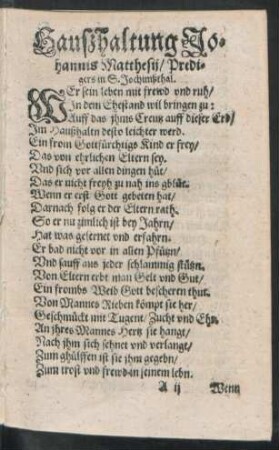 Haußhaltung Johannis Matthesii/ Predigers in S. Jochimßthal.