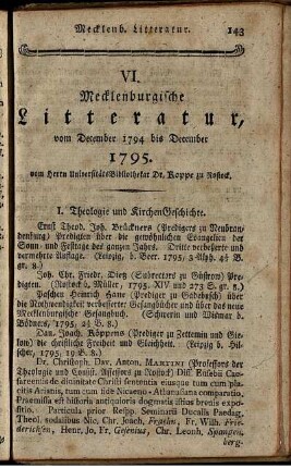 VI. Mecklenburgische Litteratur, vom December 1794 bis December 1795