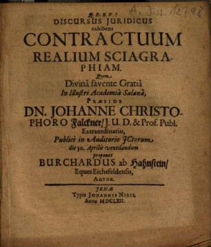 Discursus Iuridicus exhibens Contractuum Realium Sciagraphiam