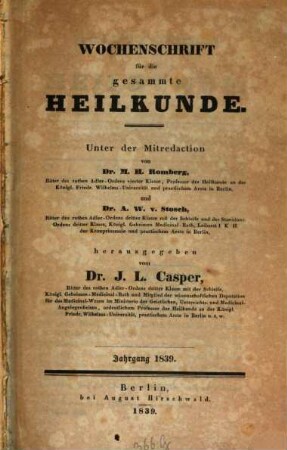 Wochenschrift für die gesammte Heilkunde, 1839