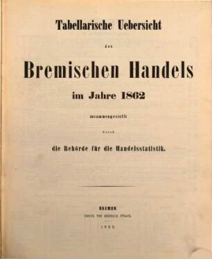 Tabellarische Übersicht des bremischen Handels : im Jahre .... 1862