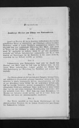 Statuten des Hamburger Vereins zum Schutze von Auswanderern.