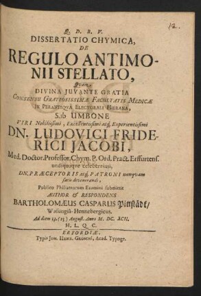 Dissertatio Chymica, De Regulo Antimonii Stellato