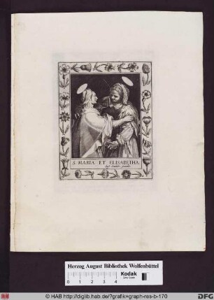 Die Heilige Elisabeth und die Heilige Maria treffen und begrüßen sich (Mariae Heimsuchung), im Blumenrahmen.