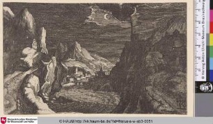 [Nächtliche Szene mit dem Mond im Zentrum über einem Flusstal; Night Scene with Moon at top Center over a River Valley]