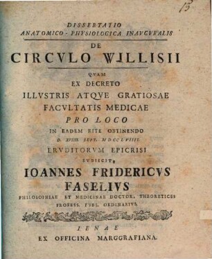 Diss. anat. physiol. inaug. de circulo Willisii