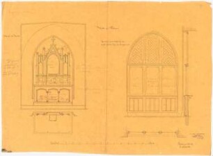 Kirche, Dobrau 2. Projekt: Aufriss Kapellenaltar; Glaswand der herrschaftlichen Loge in Grundriss, Aufriss und Vertikalschnitt; Maßstabsleiste