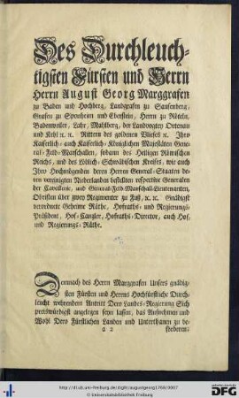 Des Durchleuchtigsten Fürsten und Herrn.