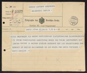 Brief von Harry Kessler an Gerhart Hauptmann