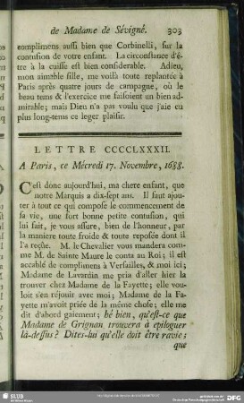 Lettre CCCCLXXXII. A Paris, ce Mécredi 17. Novembre, 1688