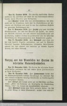 Auszug aus den Protokollen der Section für descriptive Naturwissenschaften