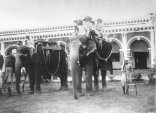 Kalkutta. Touristen und einheimische Führer bei einem Ausflug mit Reitelefanten