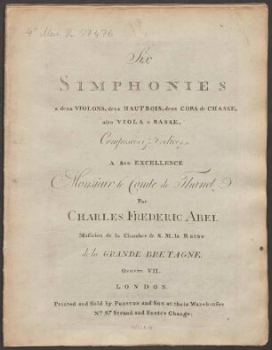 Six SIMPHONIES a deux VIOLONS, deux HAUTBOIS, deux CORS de CHASSE, alto VIOLA e BASSE, Oeuvre VII