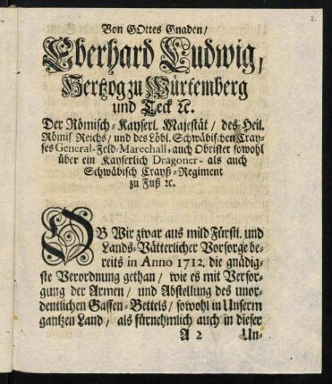 A2r-B4v, Von Gottes Gnaden / Eberhard Ludwig, Herzog zu Würtemberg und Teck.