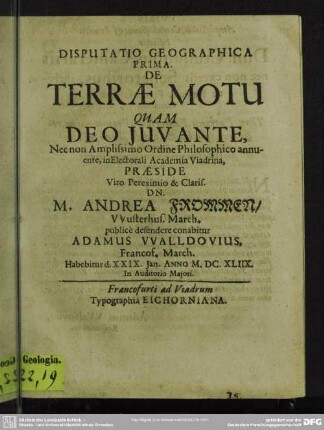 Disputatio geographica prima de terrae motu