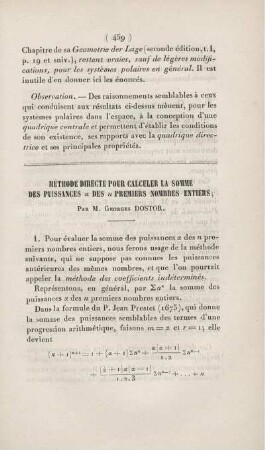 Méthode directe pour calculer la somme des puissances α des n premiers nombres entiers.