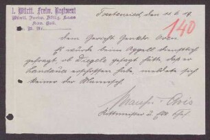 Antwort der Kavallerie-Eskadron des 1. württembergischen Freiwilligen-Regiments, dass sich niemand meldete, der die Äußerung Digeles gehört hatte, dass er Landauer erschossen hätte