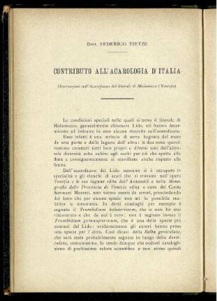 Contributo All' Acarologia D' Italia