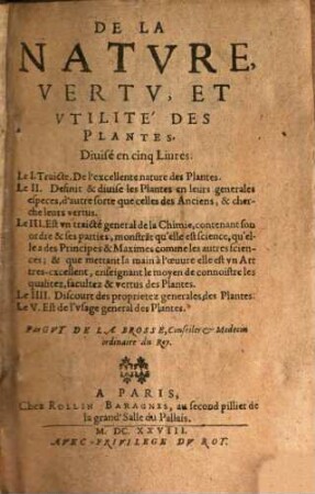 De la nature, vertu et utilité des plantes