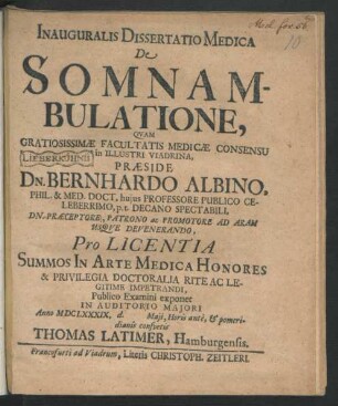 Inauguralis Dissertatio Medica De Somnambulatione