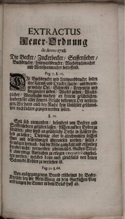 Extractus Feuer-Ordnung de Anno 1728. Die Becker, Zuckerbecker, Seiffensieder, Buchdrucker, Leinwanddrucker, Wachstuchmacher und Weinspanmacher betreffend