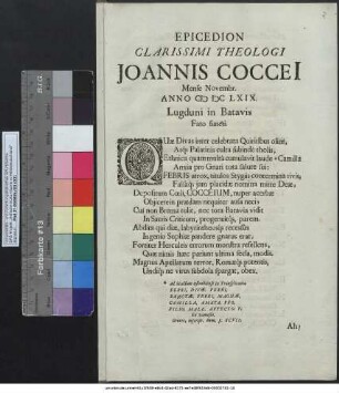Epicedion Clarissimi Theologii Joannis Cocceii Mense Novembr. Anno MDCLXIX. Lugduni in Batavis Fato functi