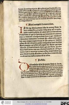 Postilla. Descendens Iesus... Lu vi... Ante initium illius evangelii habetur Lucas in eodem capitulo Factum est...