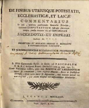 De finibus utriusque potestatis ecclesiasticae et laicae commentarius